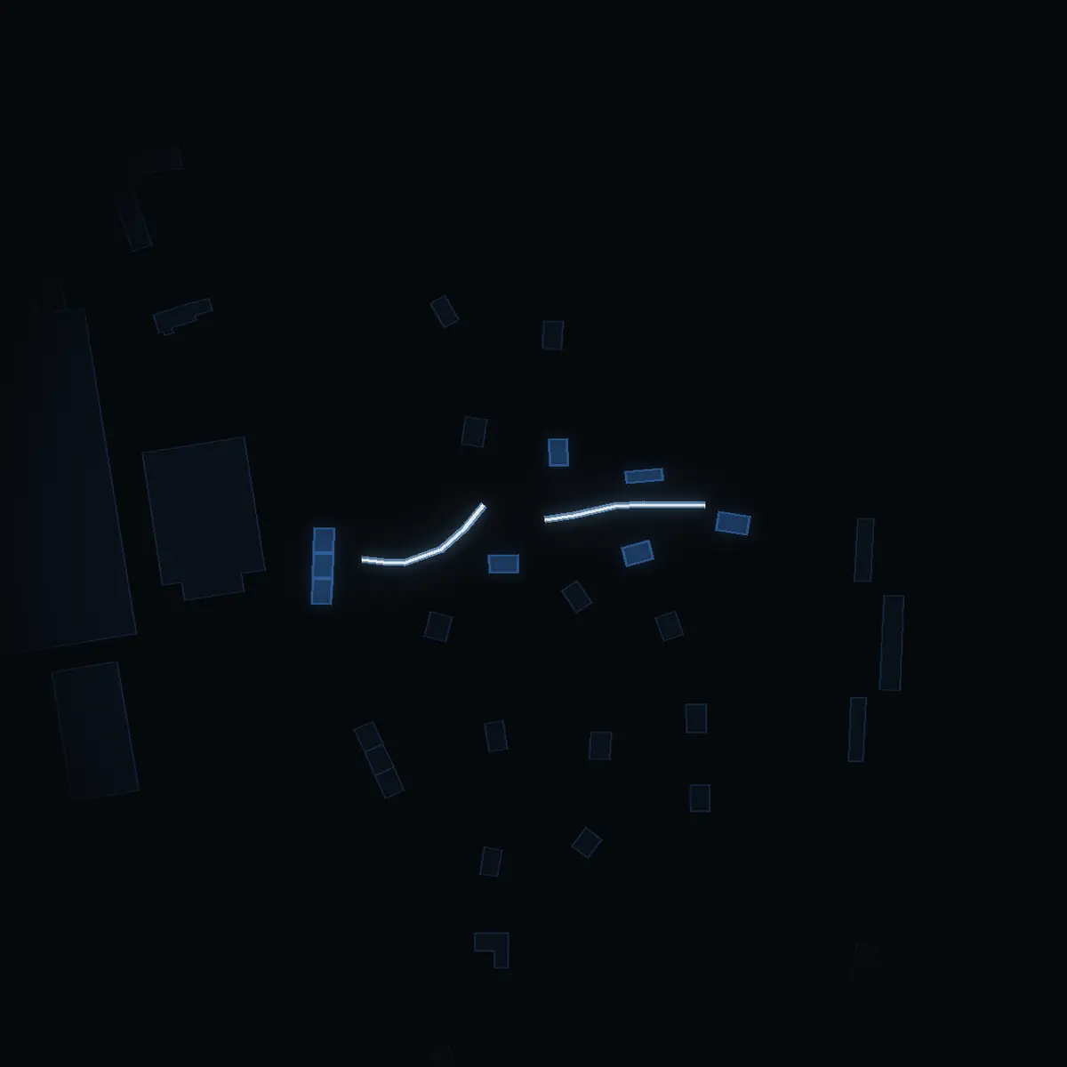 The street at night: Biodlarvägen drawn in white, its buildings lit in the colour of their area’s income