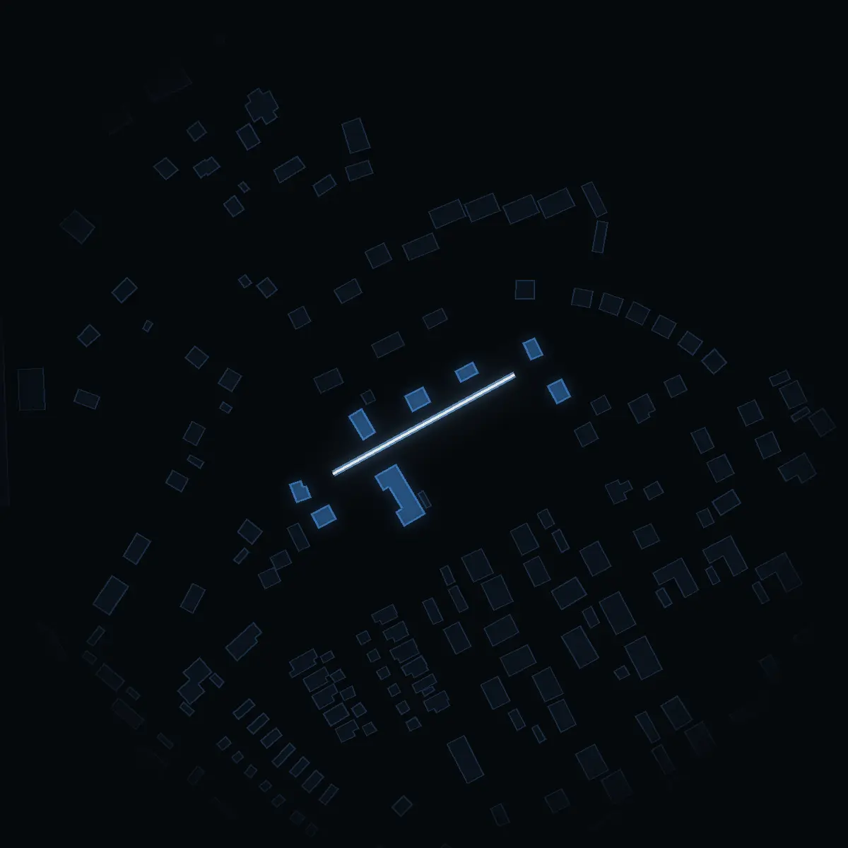 The street at night: Björkrisvägen drawn in white, its buildings lit in the colour of their area’s income