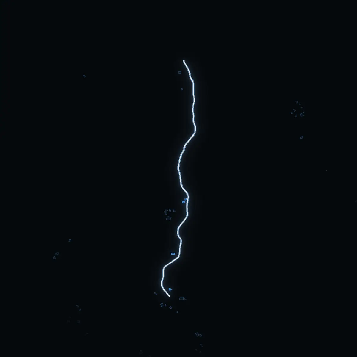 The street at night: Björksättravägen drawn in white, its buildings lit in the colour of their area’s income