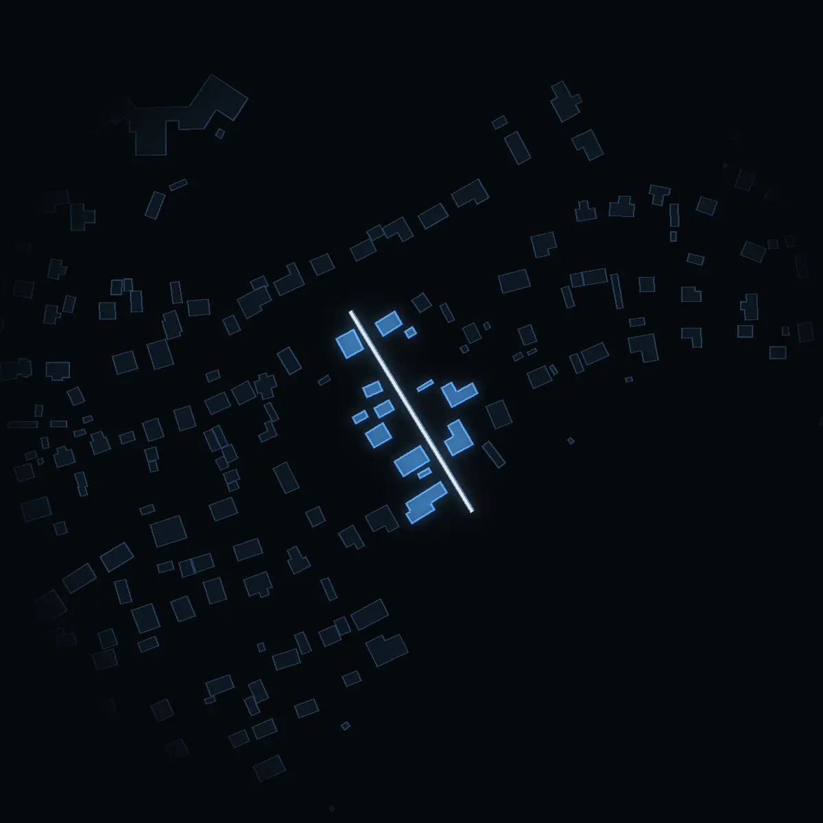 The street at night: Björnögatan drawn in white, its buildings lit in the colour of their area’s income