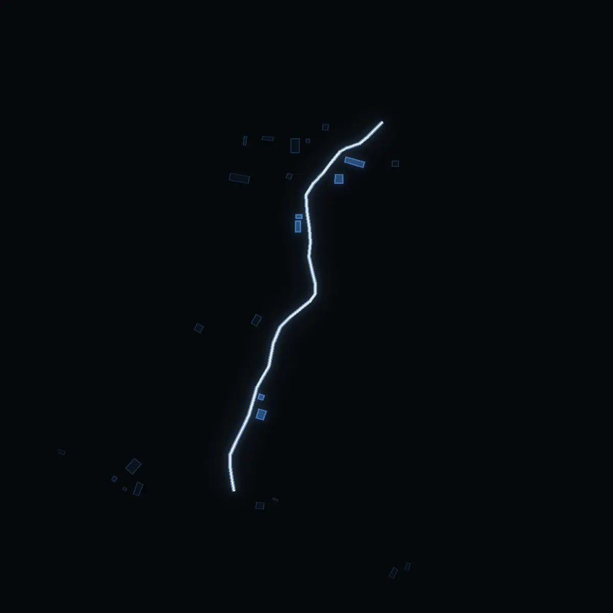 The street at night: Blokavägen drawn in white, its buildings lit in the colour of their area’s income