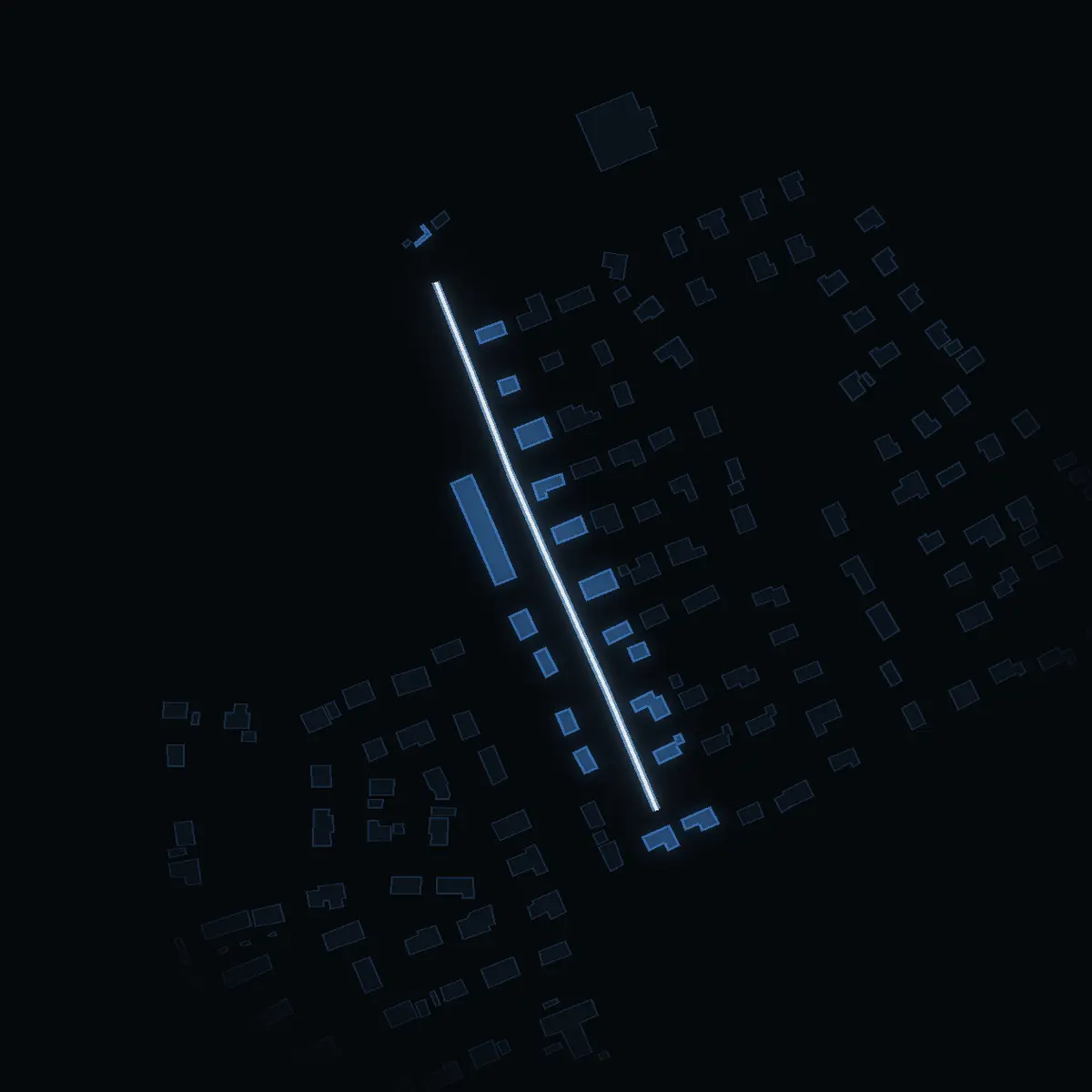 The street at night: Bondvägen drawn in white, its buildings lit in the colour of their area’s income