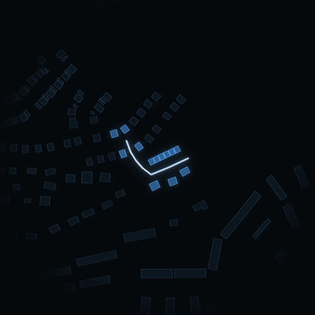 The street at night: Drejarvägen drawn in white, its buildings lit in the colour of their area’s income