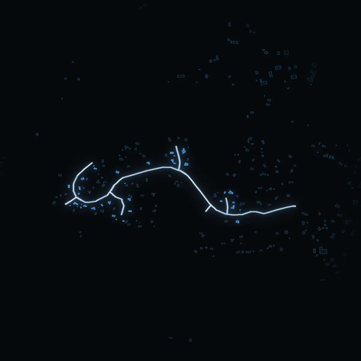 The street at night: Edviksvägen drawn in white, its buildings lit in the colour of their area’s income