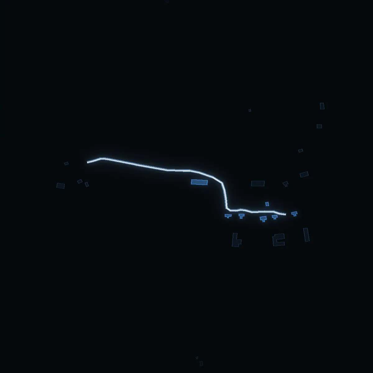 The street at night: Ekeby Gårdsväg drawn in white, its buildings lit in the colour of their area’s income