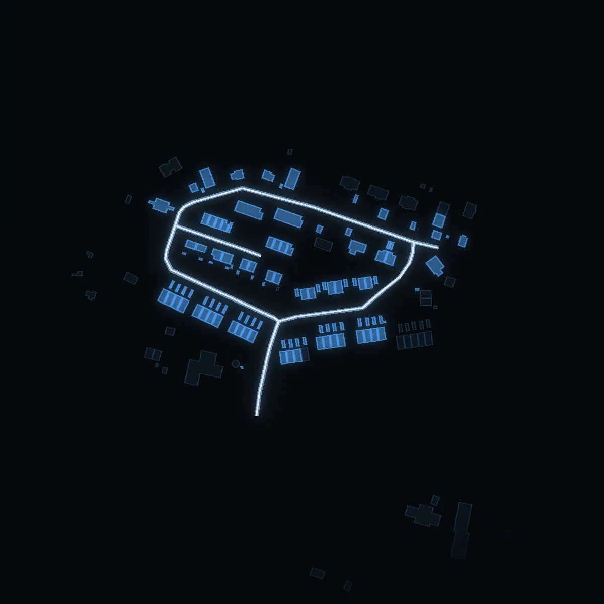 The street at night: Ekebyholmshöjden drawn in white, its buildings lit in the colour of their area’s income