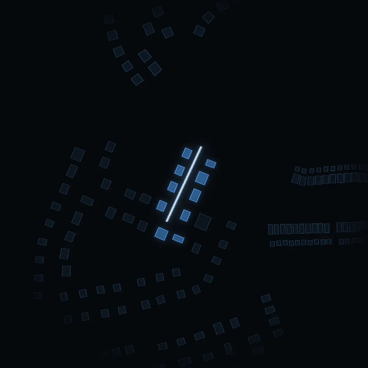 The street at night: Enbärsvägen drawn in white, its buildings lit in the colour of their area’s income