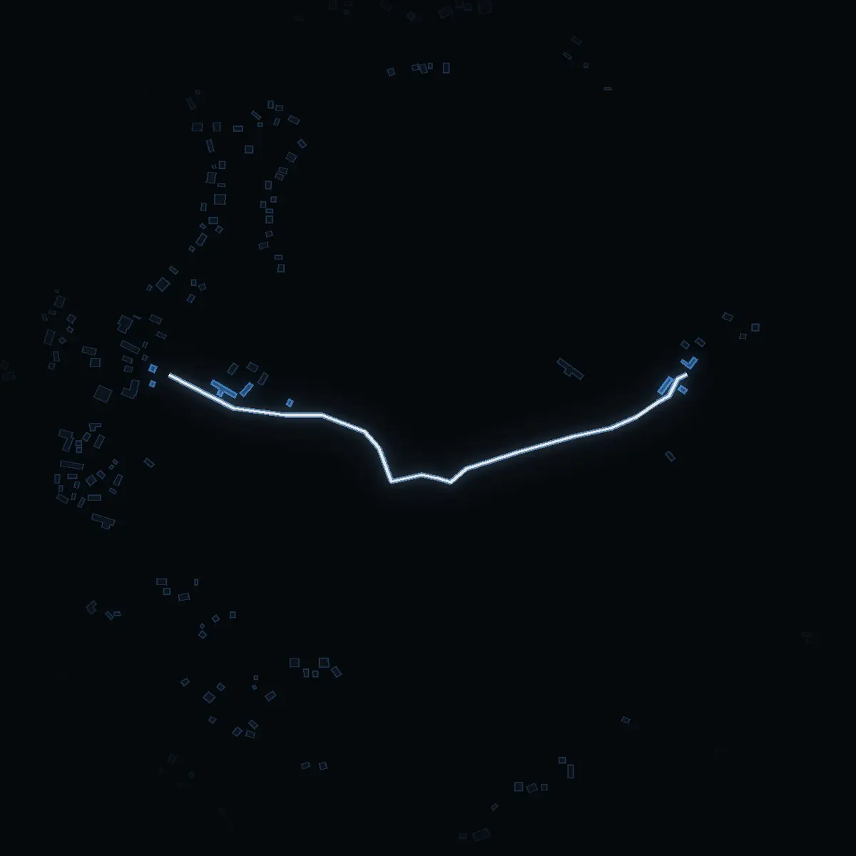 The street at night: Enholmen drawn in white, its buildings lit in the colour of their area’s income