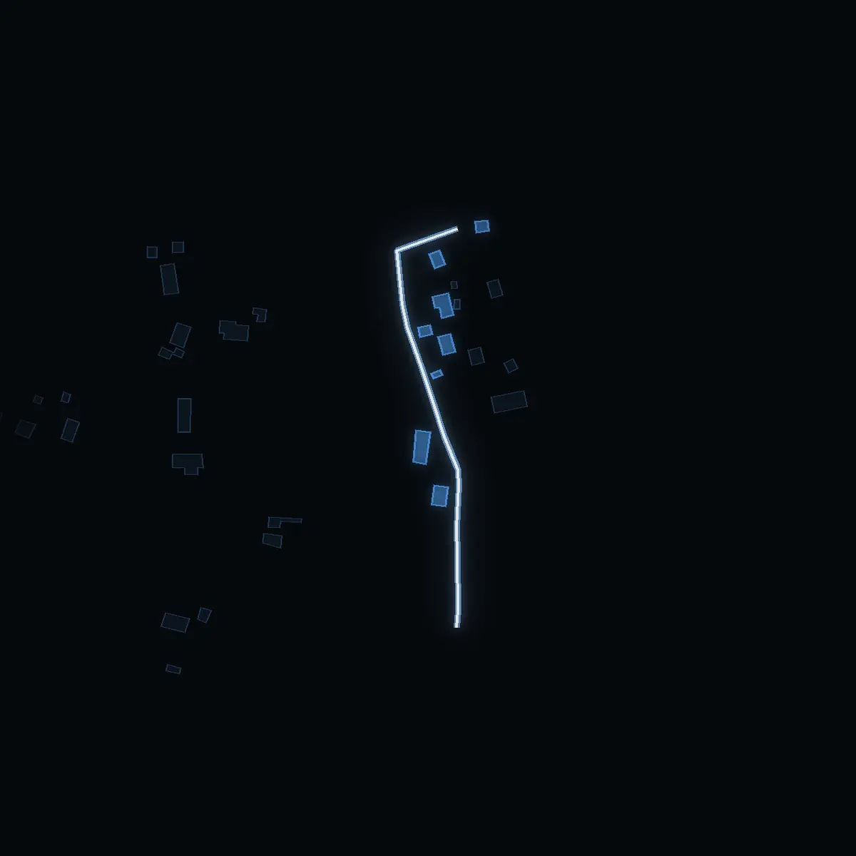 The street at night: Erikslundsvägen drawn in white, its buildings lit in the colour of their area’s income