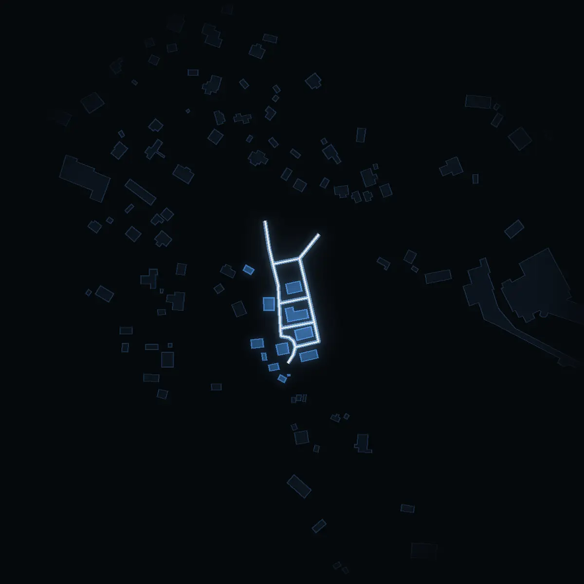 The street at night: Fiskehamnsvägen drawn in white, its buildings lit in the colour of their area’s income