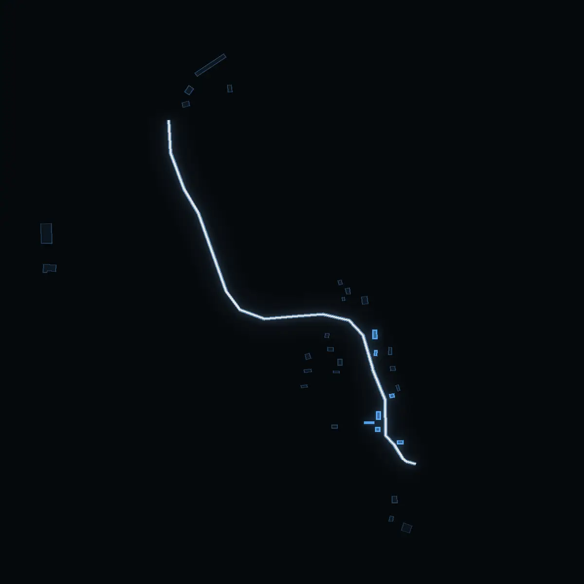The street at night: Flemingsbergsvägen drawn in white, its buildings lit in the colour of their area’s income