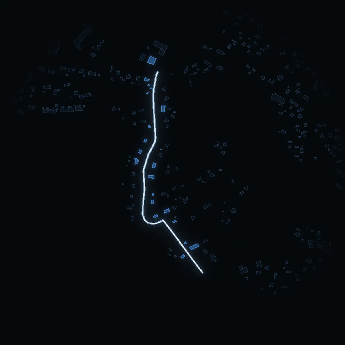 The street at night: Folkskolevägen drawn in white, its buildings lit in the colour of their area’s income
