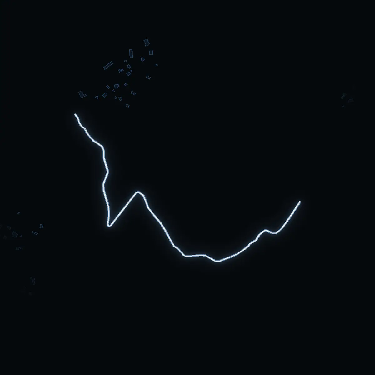 The street at night: Gåsskärsvägen drawn in white, its buildings lit in the colour of their area’s income