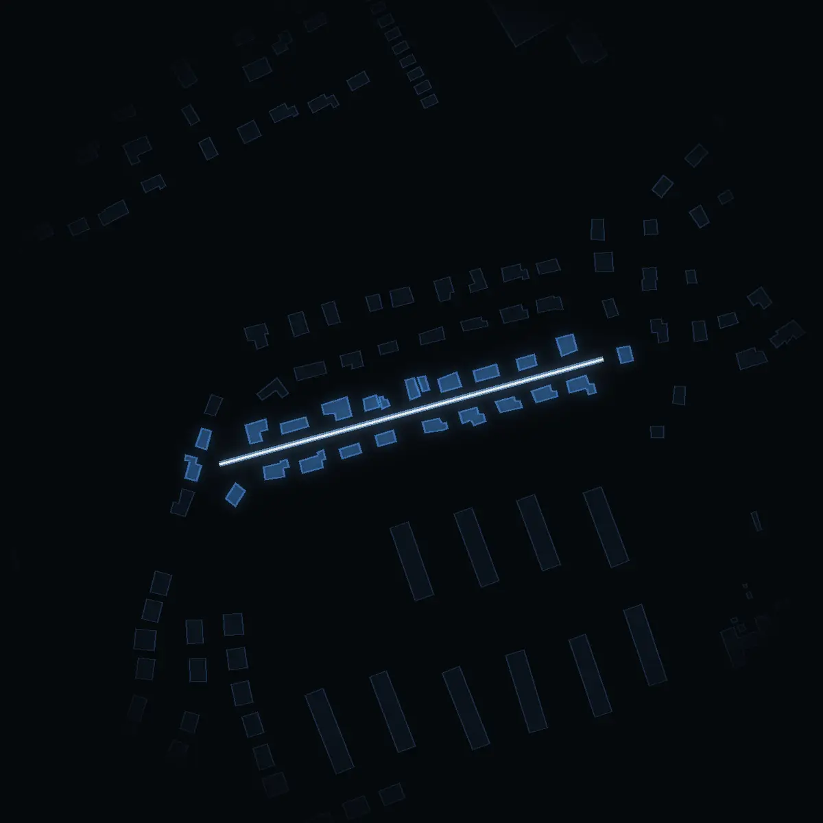 The street at night: Granvägen drawn in white, its buildings lit in the colour of their area’s income