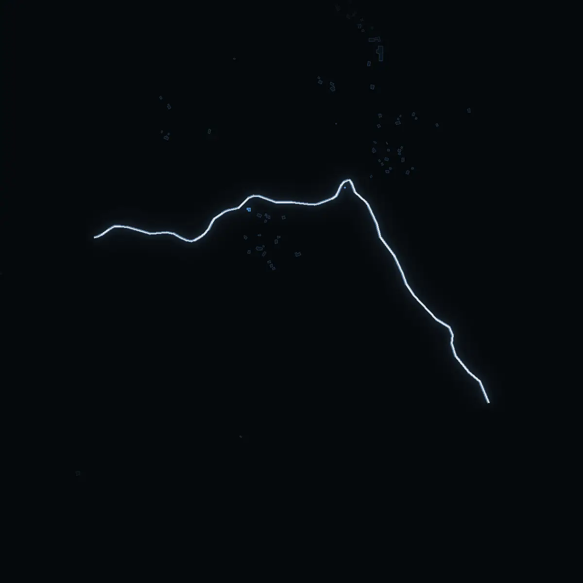 The street at night: Gunnedetvägen drawn in white, its buildings lit in the colour of their area’s income