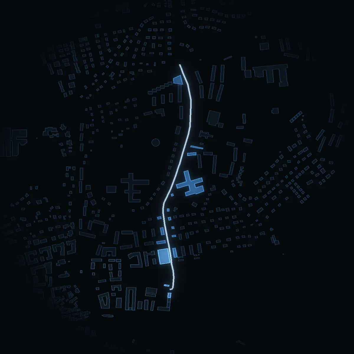 The street at night: Hamnvägen drawn in white, its buildings lit in the colour of their area’s income