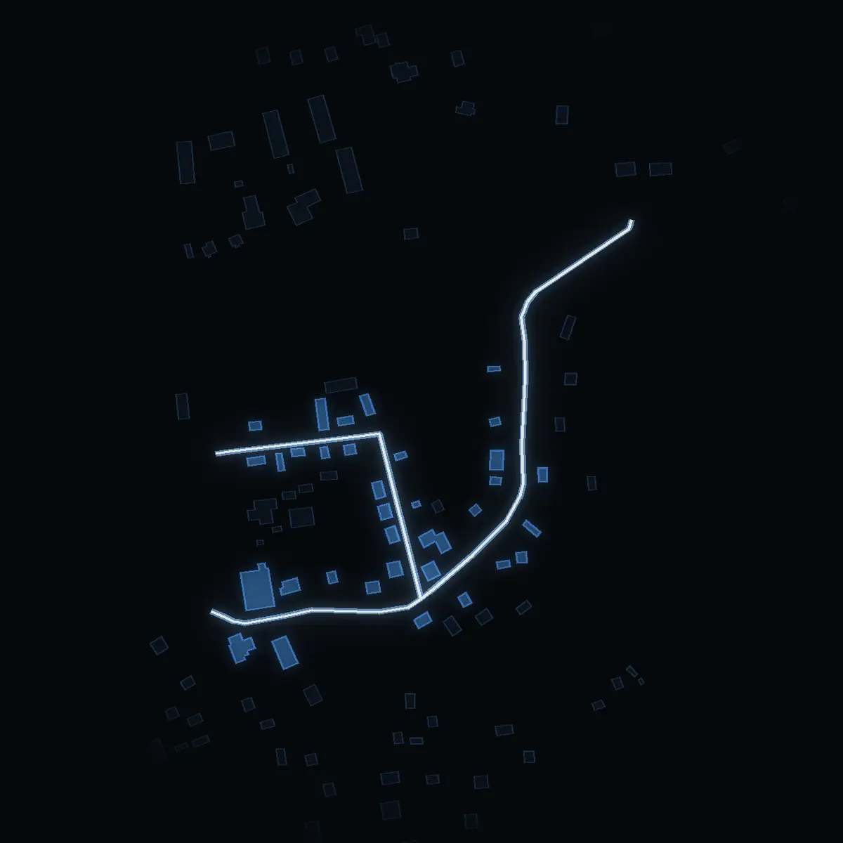 The street at night: Hantverkarvägen drawn in white, its buildings lit in the colour of their area’s income