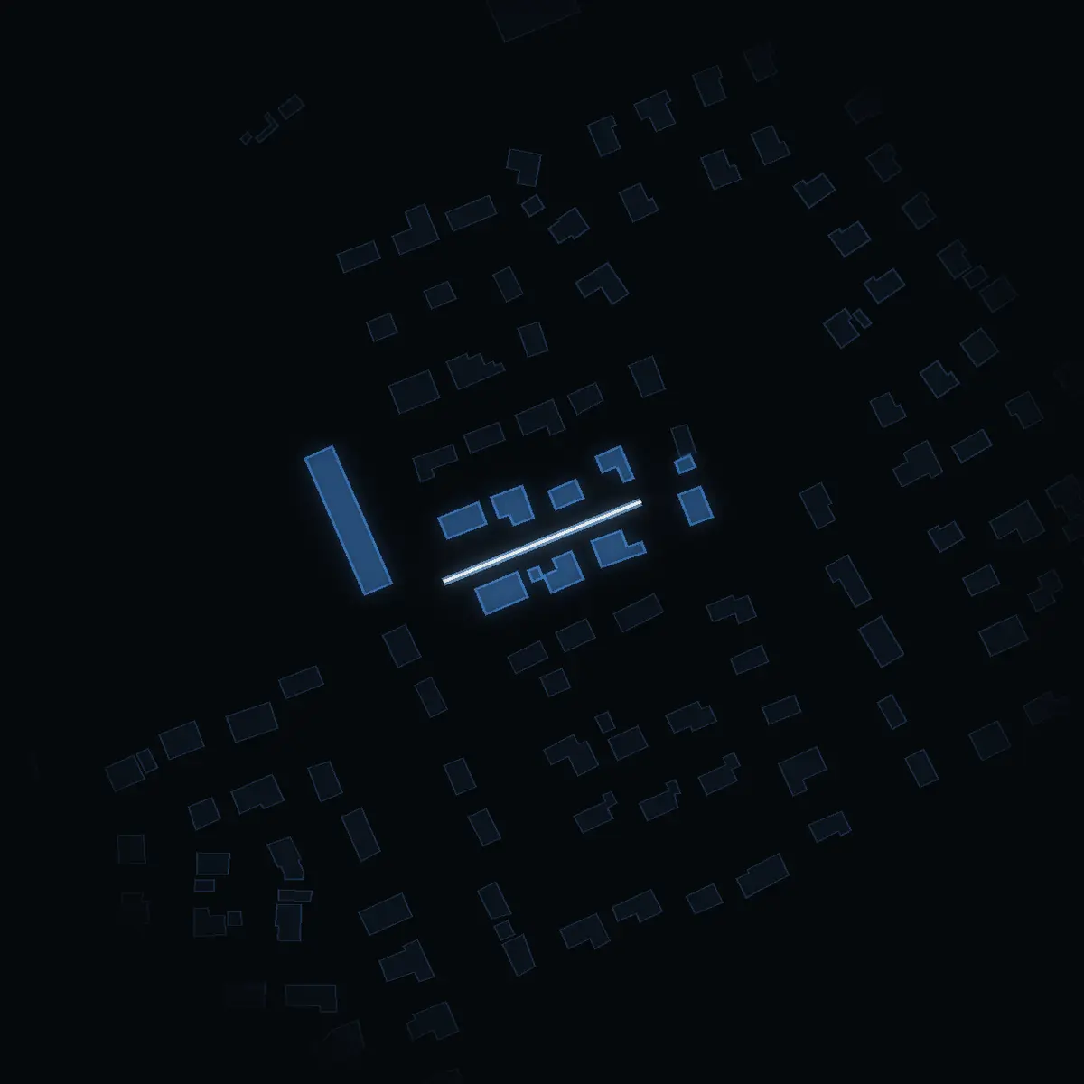 The street at night: Harvägen drawn in white, its buildings lit in the colour of their area’s income