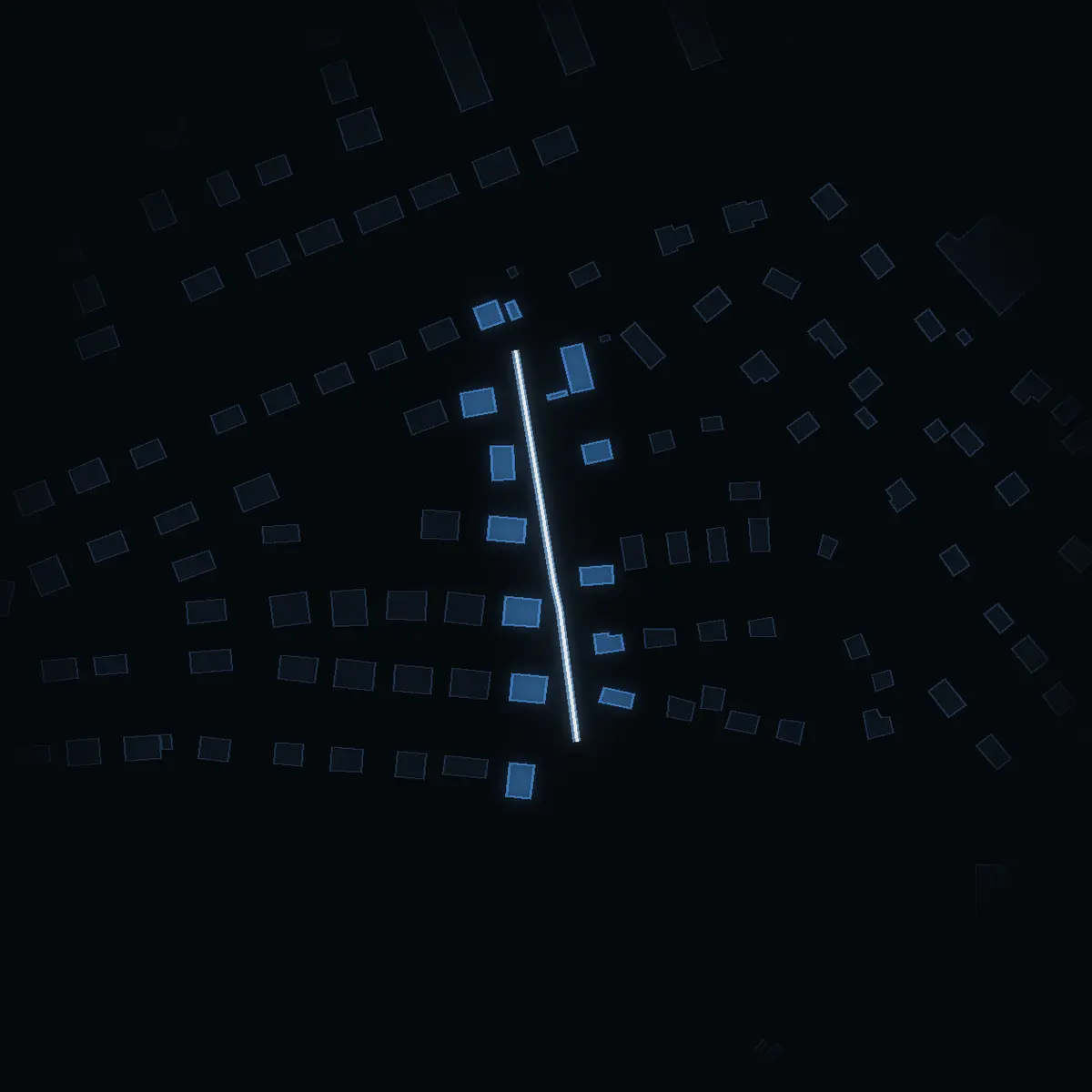 The street at night: Hasselvägen (Rimbo tätort) drawn in white, its buildings lit in the colour of their area’s income