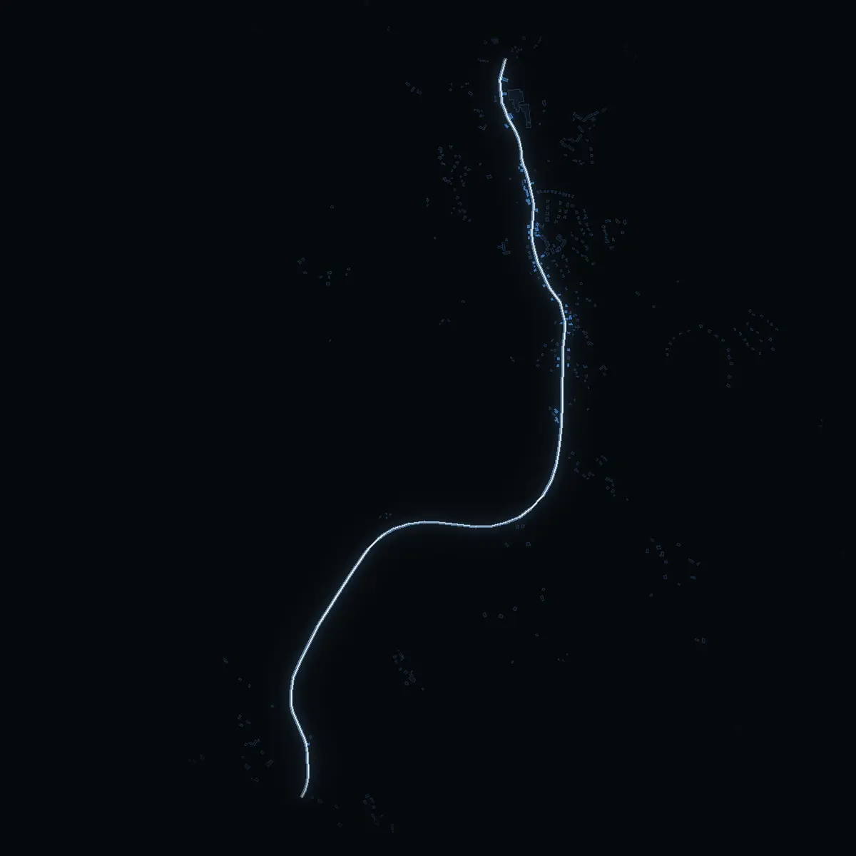 The street at night: Herrängsvägen drawn in white, its buildings lit in the colour of their area’s income