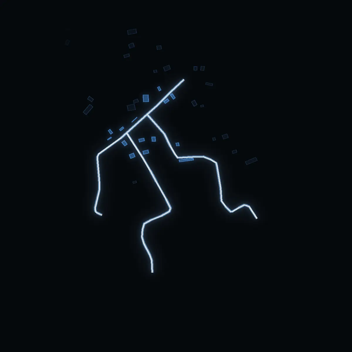 The street at night: Jerk Matts väg drawn in white, its buildings lit in the colour of their area’s income