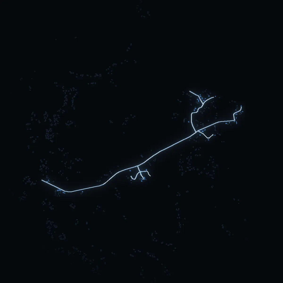 The street at night: Kalvskärsvägen drawn in white, its buildings lit in the colour of their area’s income