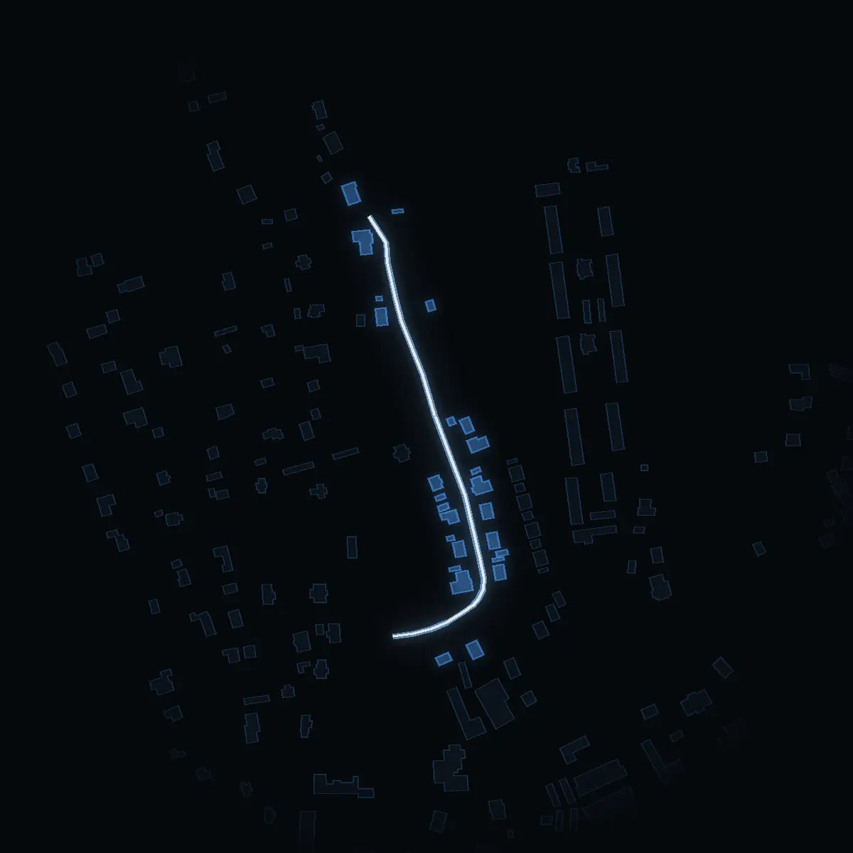 The street at night: Kanalvägen drawn in white, its buildings lit in the colour of their area’s income