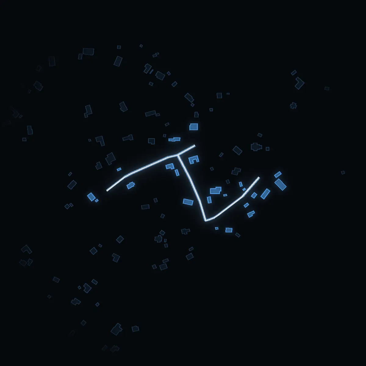 The street at night: Kattrumpans väg drawn in white, its buildings lit in the colour of their area’s income