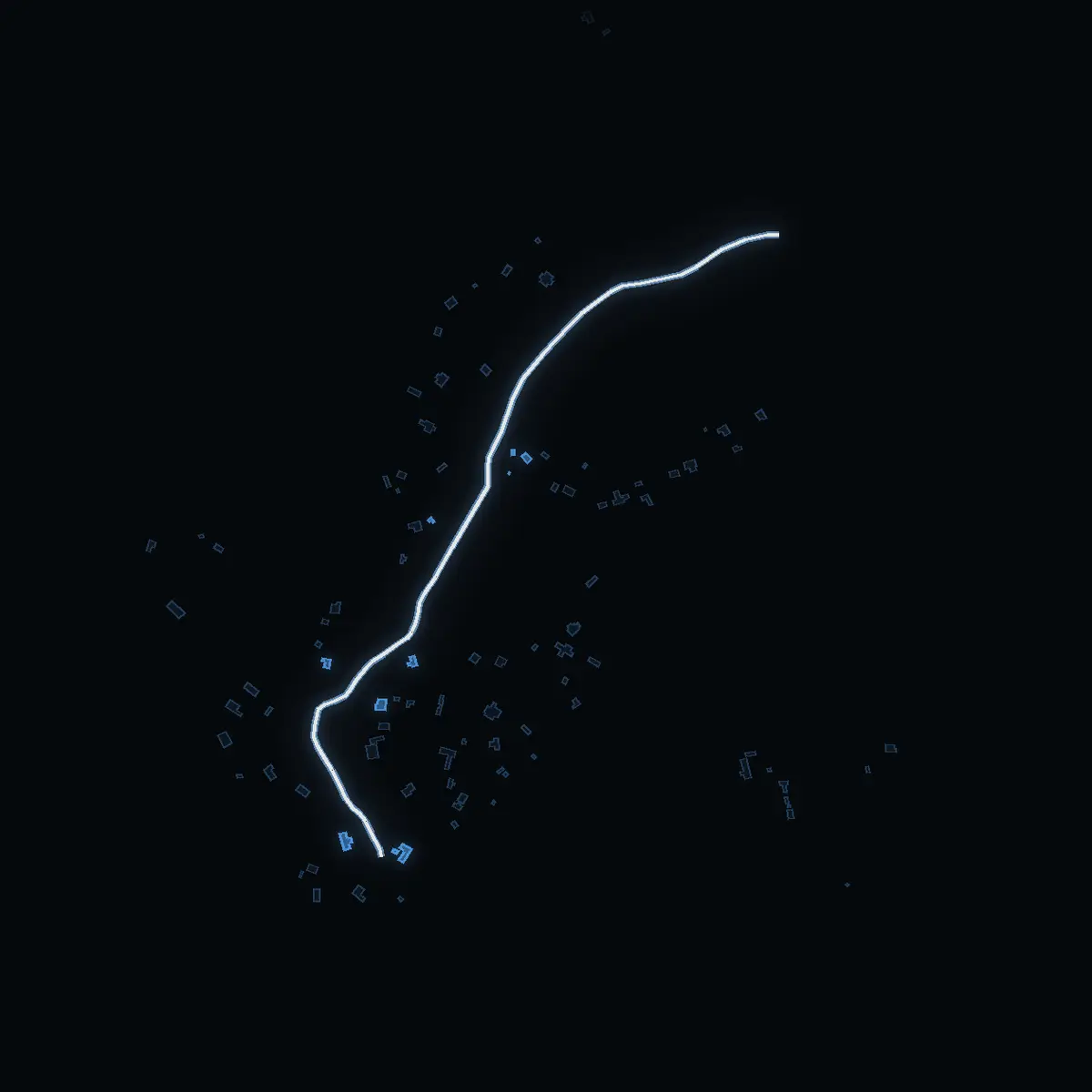 The street at night: Klaralund drawn in white, its buildings lit in the colour of their area’s income