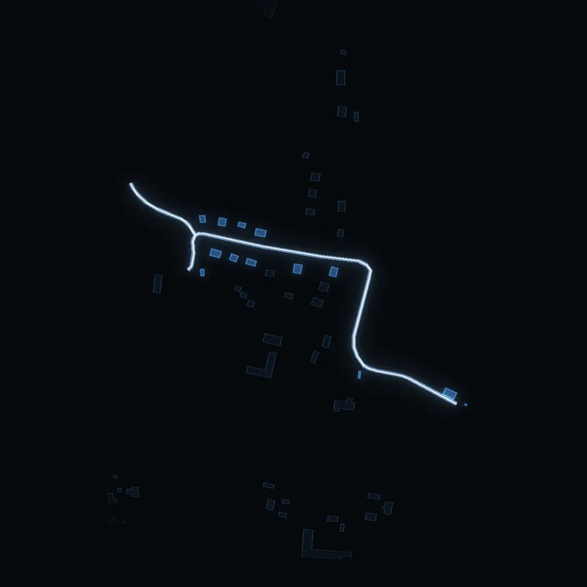 The street at night: Klockarevägen drawn in white, its buildings lit in the colour of their area’s income