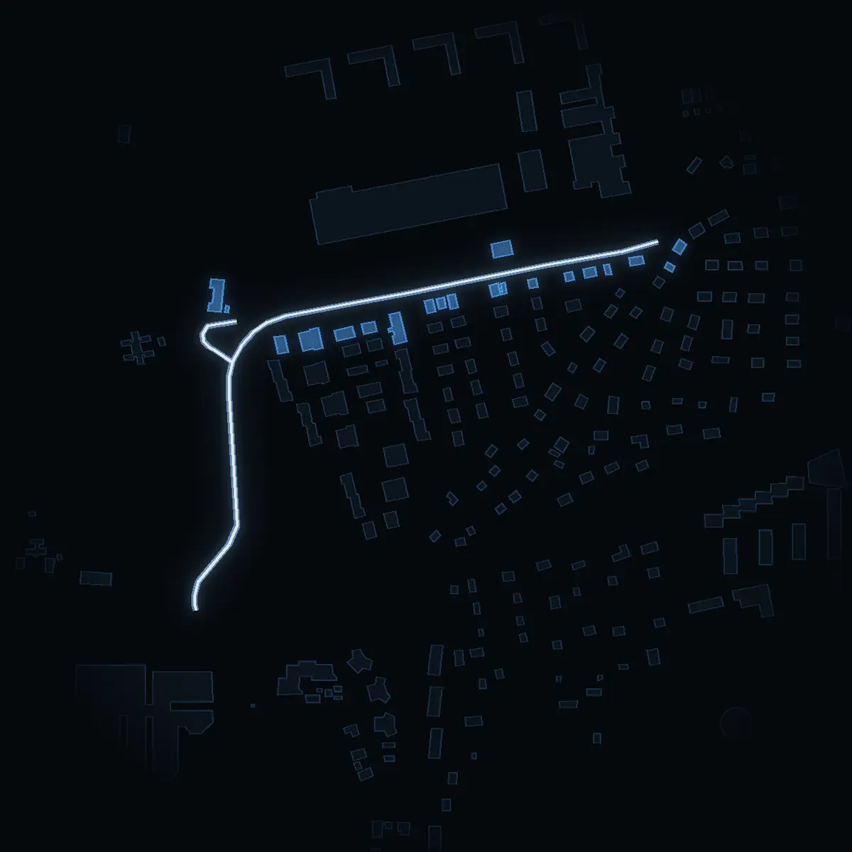The street at night: Knutbyvägen drawn in white, its buildings lit in the colour of their area’s income