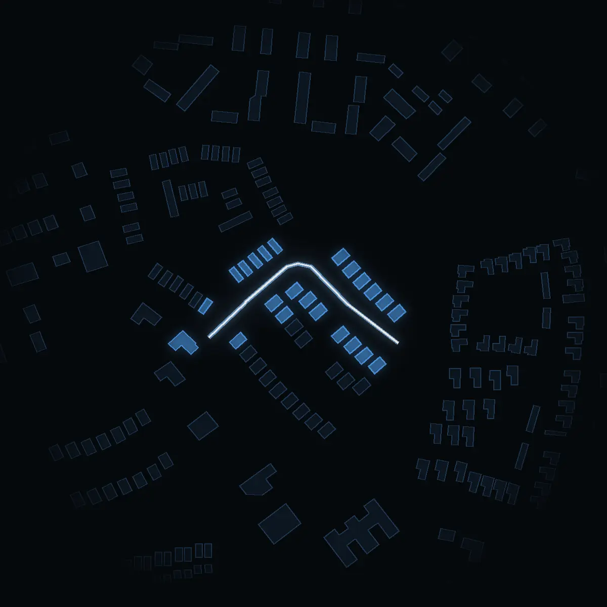 The street at night: Kometvägen drawn in white, its buildings lit in the colour of their area’s income