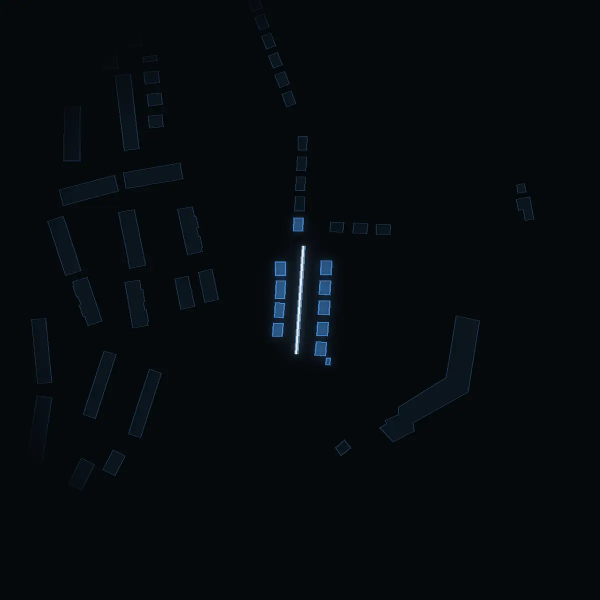 The street at night: Korngatan drawn in white, its buildings lit in the colour of their area’s income