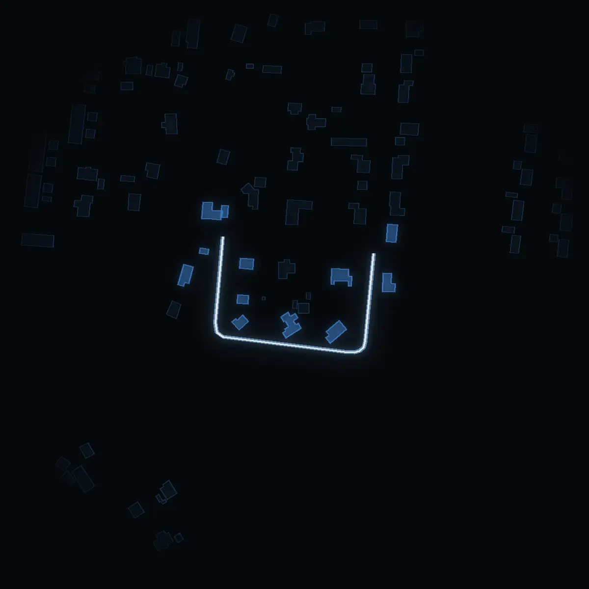 The street at night: Kornvägen drawn in white, its buildings lit in the colour of their area’s income