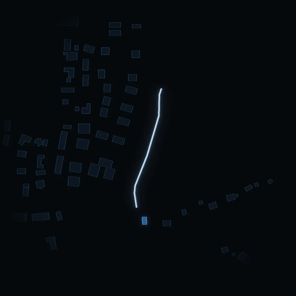The street at night: Körsbärsvägen drawn in white, its buildings lit in the colour of their area’s income