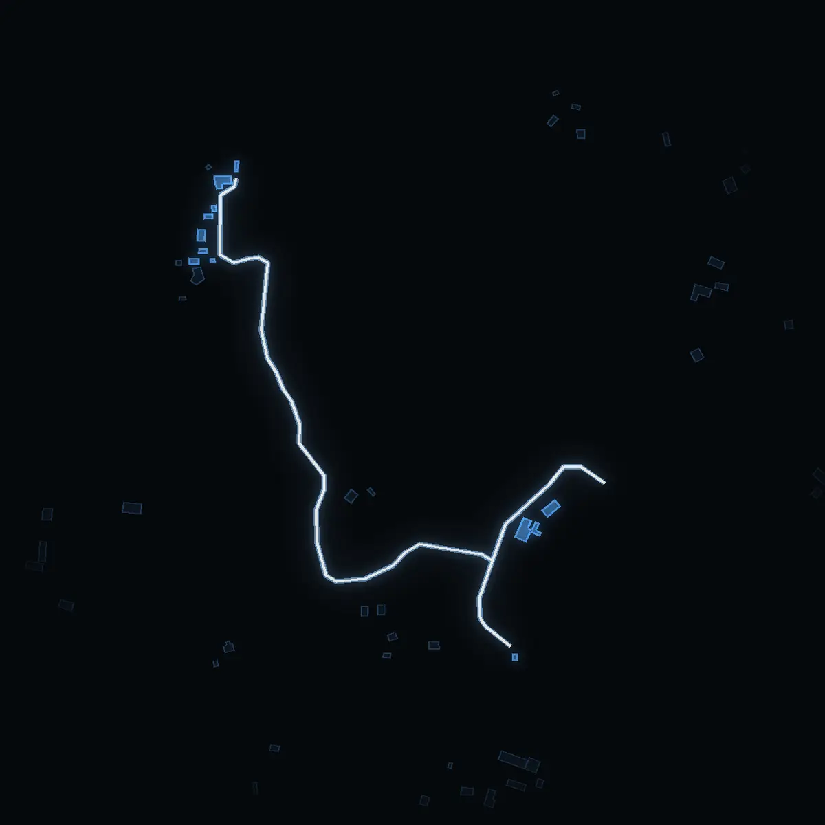 The street at night: Kråkviksvägen drawn in white, its buildings lit in the colour of their area’s income