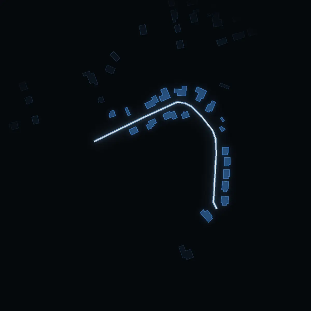 The street at night: Kvarnvägen (Hallstavik tätort) drawn in white, its buildings lit in the colour of their area’s income