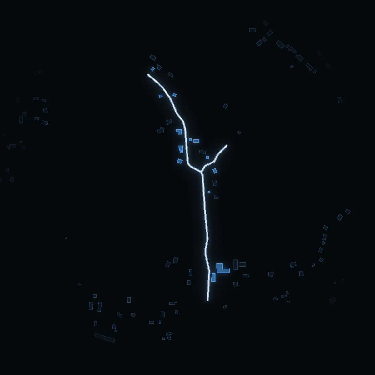 The street at night: Lägerbacken drawn in white, its buildings lit in the colour of their area’s income