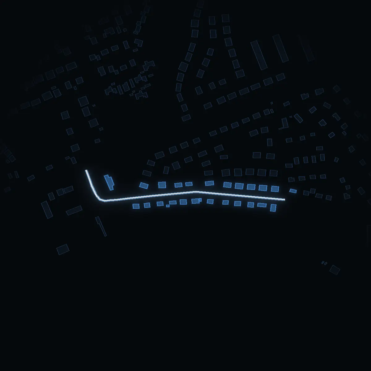 The street at night: Långsjövägen drawn in white, its buildings lit in the colour of their area’s income