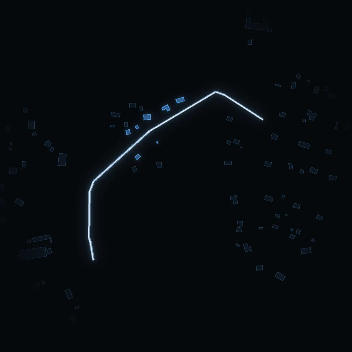 The street at night: Liljenäsvägen drawn in white, its buildings lit in the colour of their area’s income