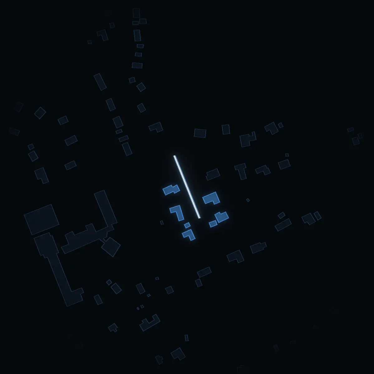The street at night: Liljevägen drawn in white, its buildings lit in the colour of their area’s income