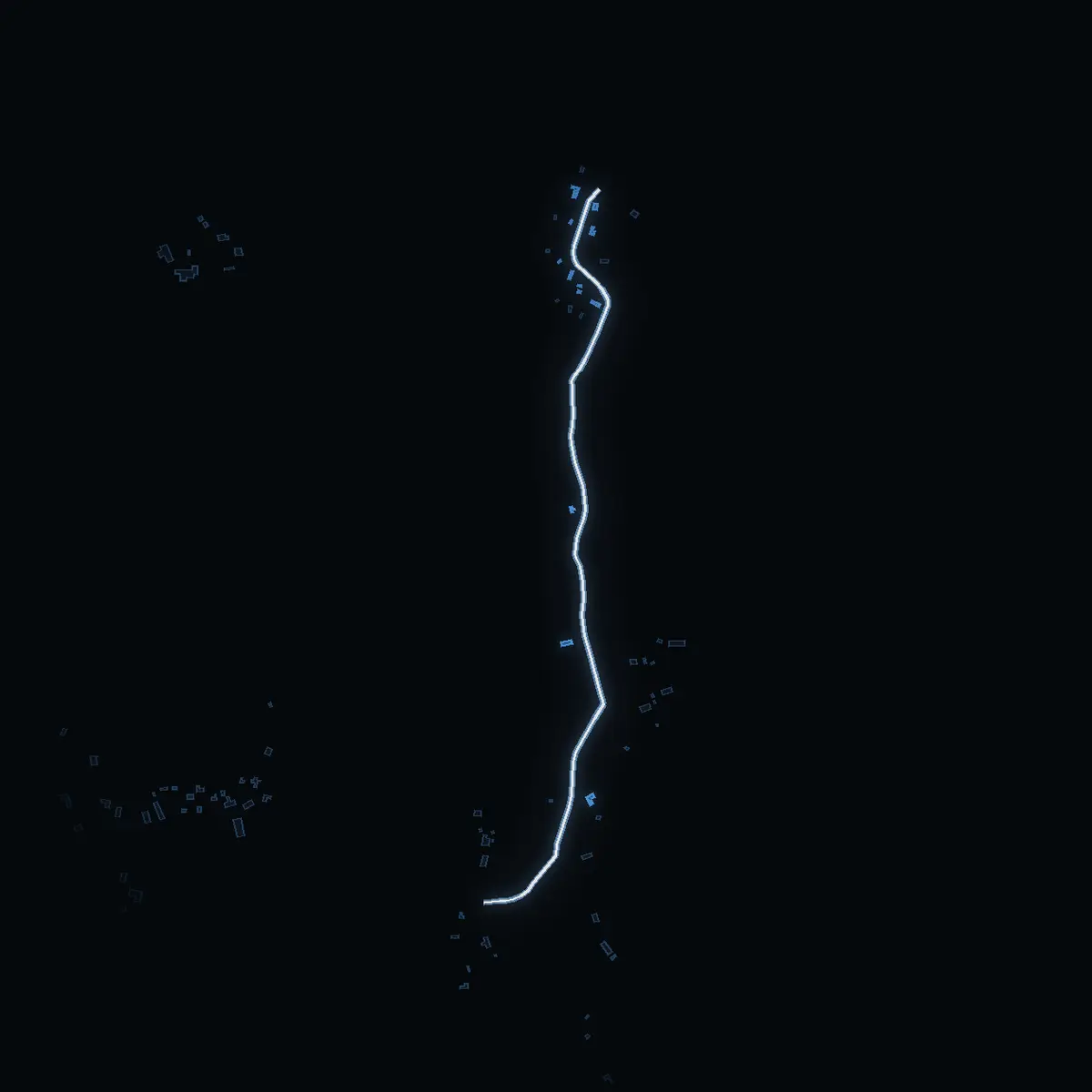 The street at night: Lilla Vaxtunavägen drawn in white, its buildings lit in the colour of their area’s income