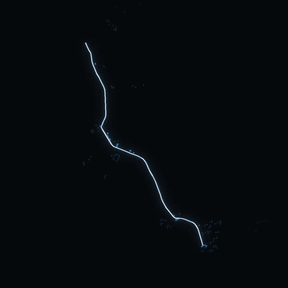 The street at night: Lillrådavägen drawn in white, its buildings lit in the colour of their area’s income
