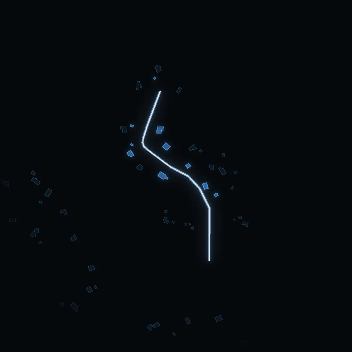 The street at night: Lingonbergsvägen drawn in white, its buildings lit in the colour of their area’s income
