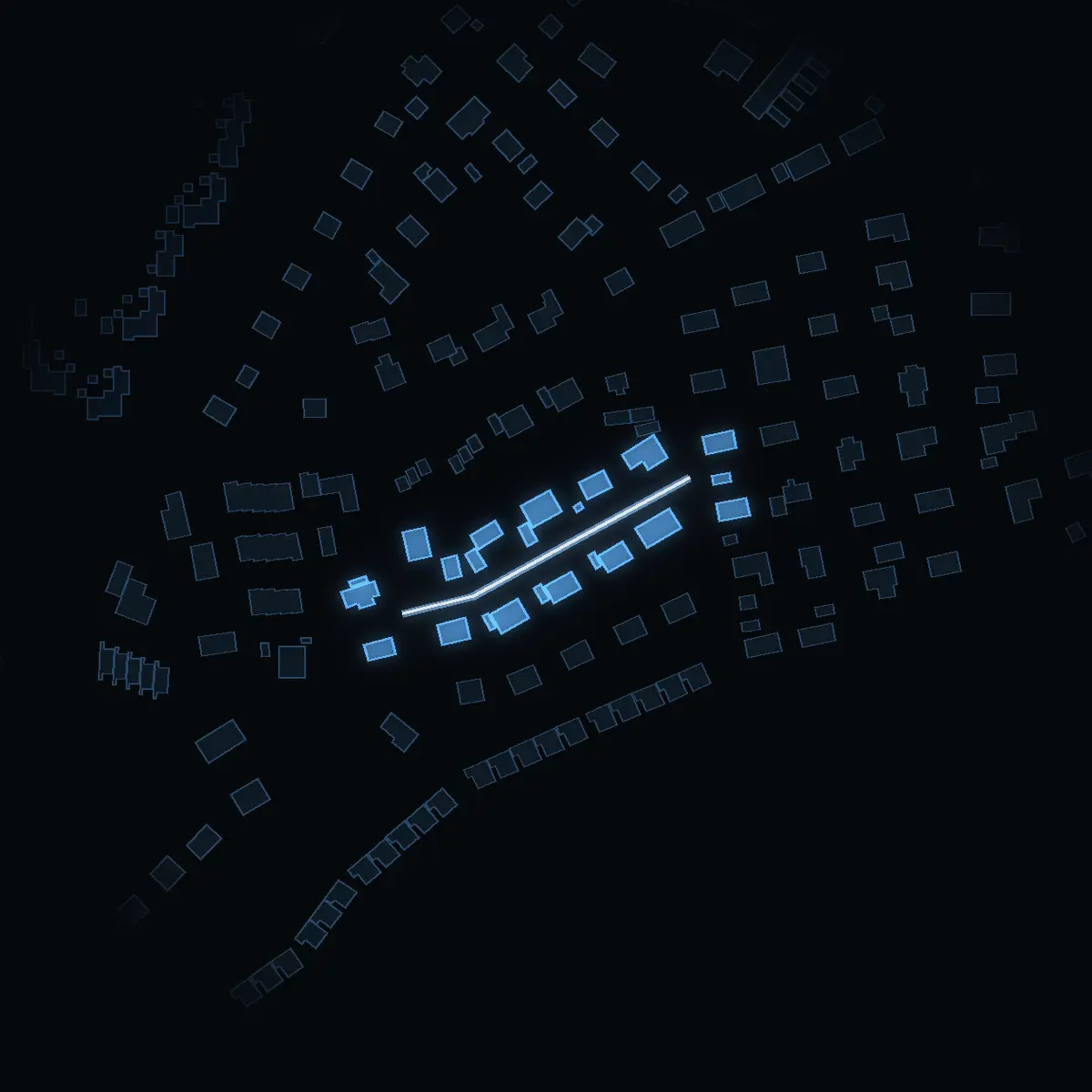 The street at night: Lövstigen drawn in white, its buildings lit in the colour of their area’s income