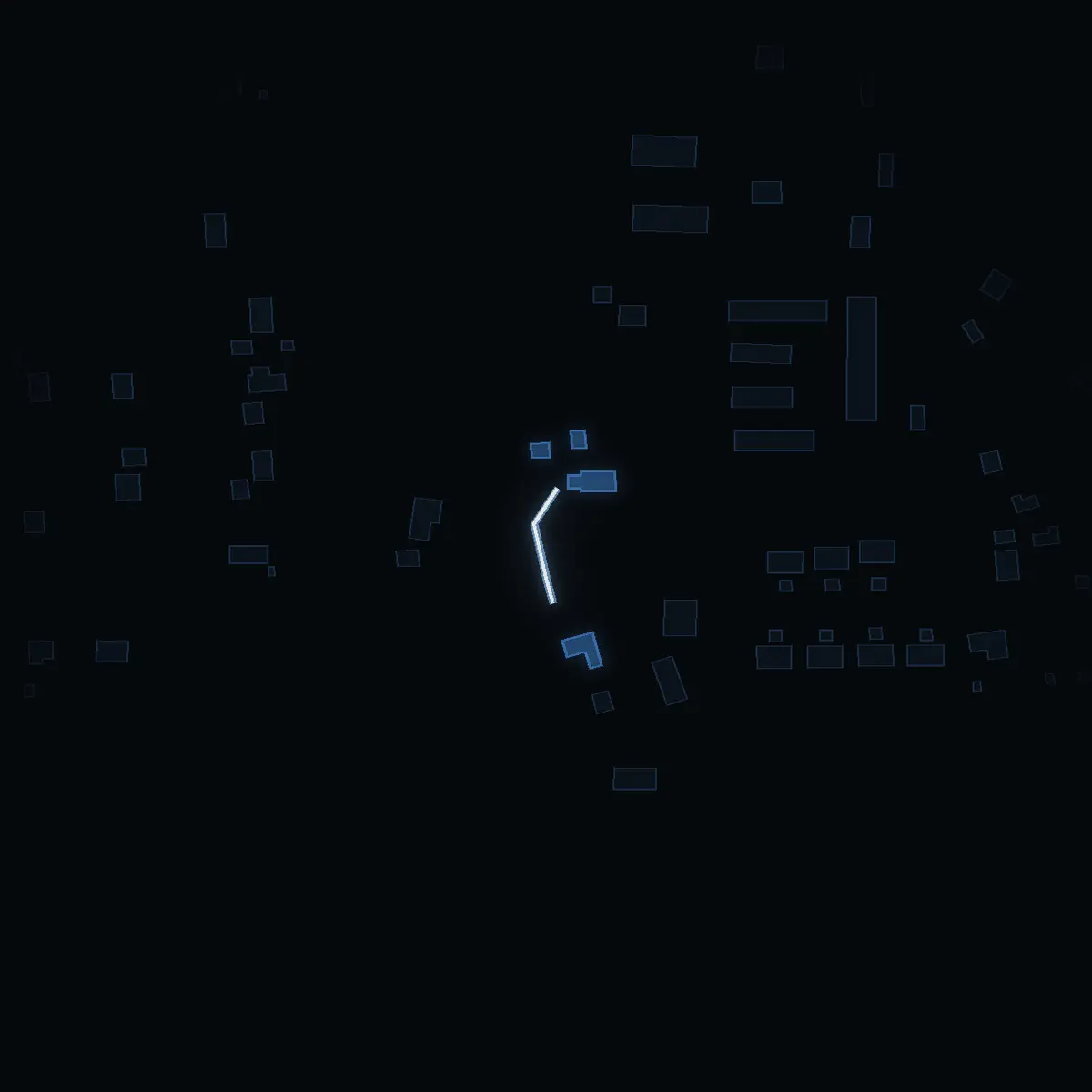 The street at night: Lyckliga gatan drawn in white, its buildings lit in the colour of their area’s income