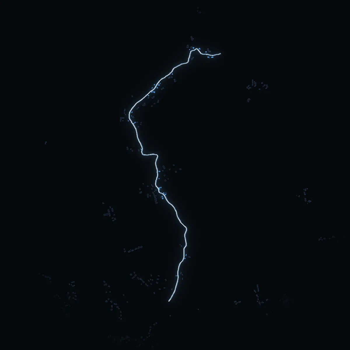 The street at night: Malsta-Ekebyvägen drawn in white, its buildings lit in the colour of their area’s income