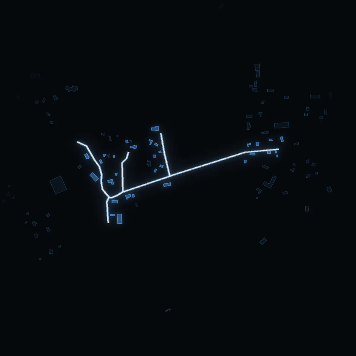 The street at night: Moreviksvägen drawn in white, its buildings lit in the colour of their area’s income