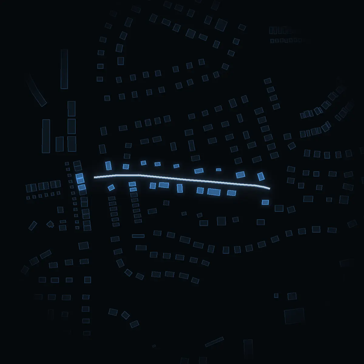 The street at night: Mossvägen drawn in white, its buildings lit in the colour of their area’s income