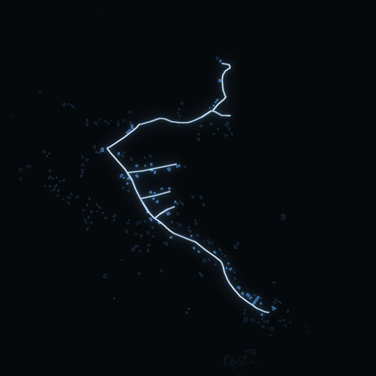 The street at night: Norrvretavägen drawn in white, its buildings lit in the colour of their area’s income